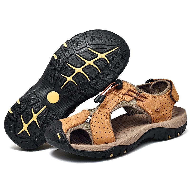 Летние кожаные сандалии для мужчин; коллекция года; сандалии на платформе; Мужская Уличная обувь; мужские классические сандалии на резиновой нескользящей подошве; цвет синий, коричневый