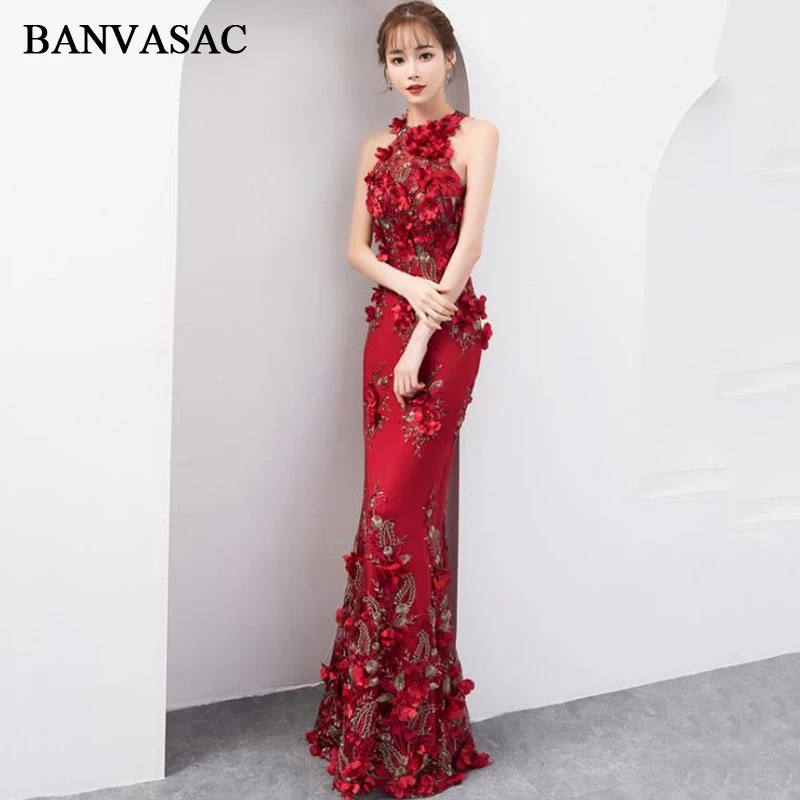 BANVASAC Flowers Appliques Halter Lace Mermaid Long Evening Dresses 2019 Party Off The Shoulder Open Back Prom Gowns