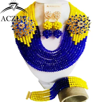 

African Traditional Wedding Beads Nigerian Jewelry Set for Women Yellow and Blue Crystal Bead Necklaces AN028