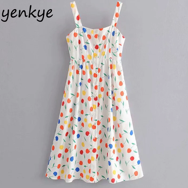 

Summer Dress Women Multicolor Cherry Print Sexy Spaghetti Strap Dress Sweet Lady Backless Sleeveless A-lien Knee Length Dress