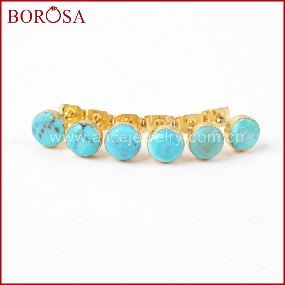 Borosa Мода Druzy Серьги-гвоздики, 6 мм круглые золотые Цвет натуральный синий камень Серьги-гвоздики g1273