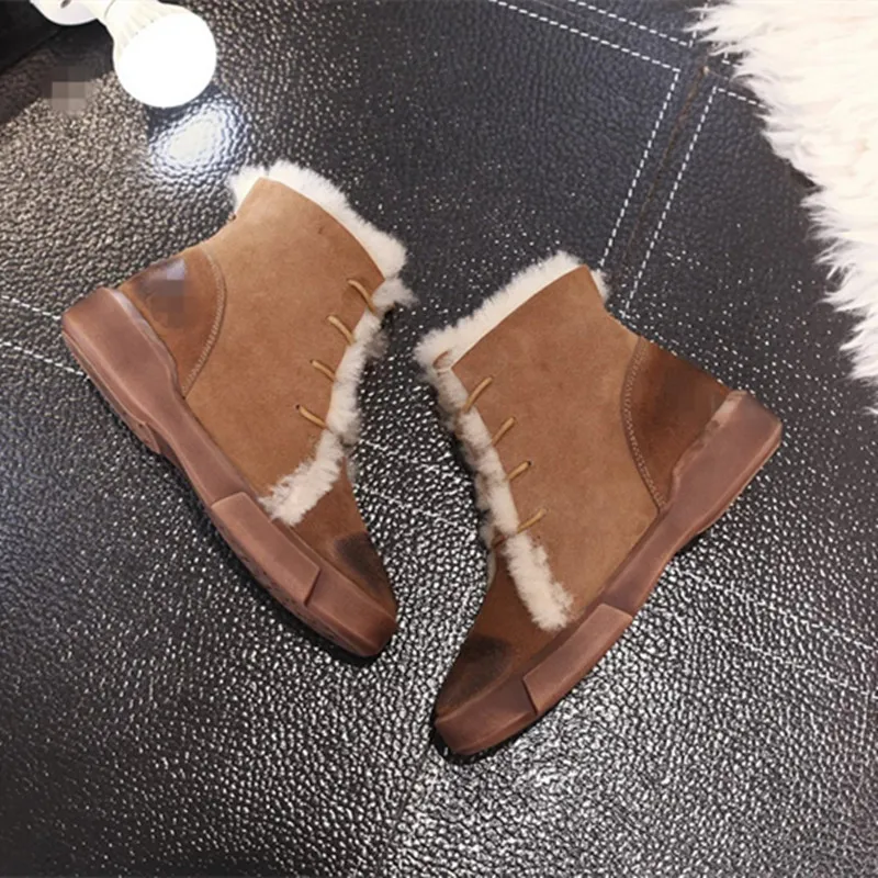 

2016 Autumn/Winter Shoes Woman Cow Leather Snow Boots Wool Shearling Lace Up Casual Flats Luxury Design Casual Mujer Ankle Boots