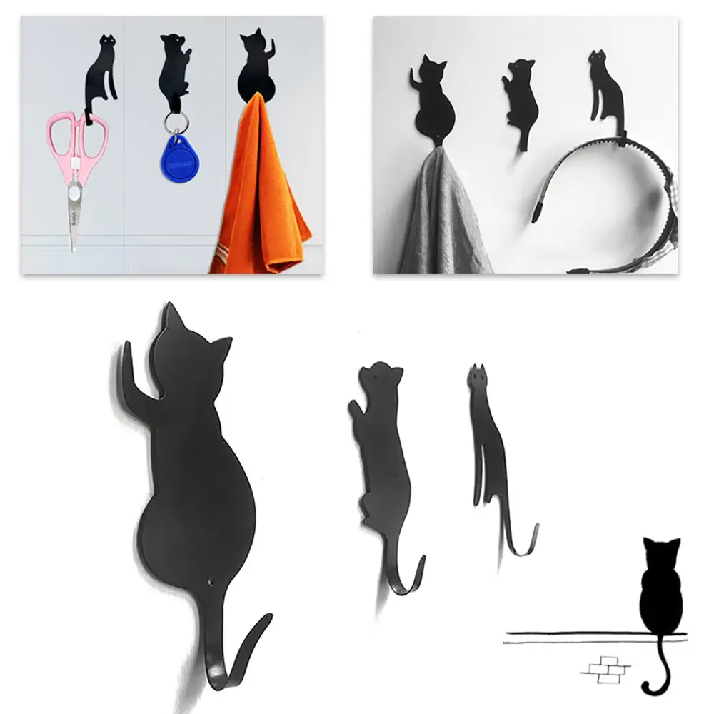 3PCS/set Modern Simple Metal Cat Wall Hooks Wood Wall Decorative Hook Hangers Accessory For Clothes Keys Sundries