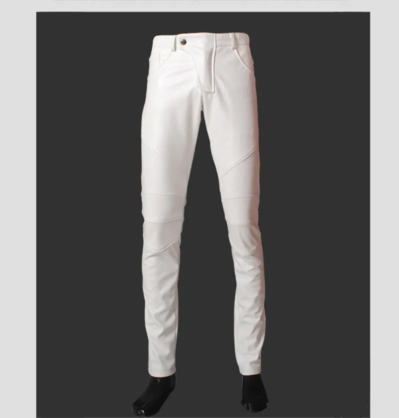 Кожаные мужские брюки, модные тонкие флисовые брюки размера плюс из искусственной кожи, мужские повседневные брюки-карандаш высокого качества - Color: white
