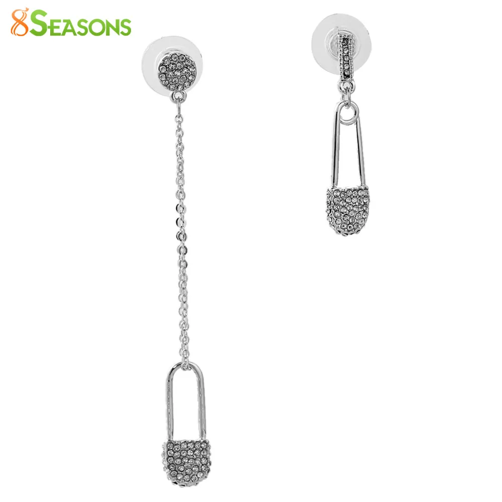 8SEASONS 2017 New Safety Pin Women Earrings Unsymmetrical Style Silver Tone Color Clear Rhinestone 8.1x1.0cm 3.7x0.9cm 1 Pair | Украшения и