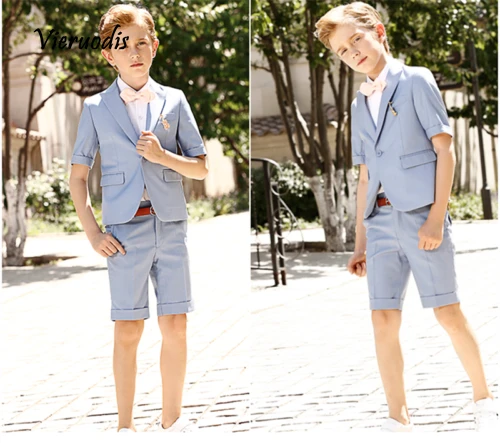 

Blue Suit with Short Sleeves Newest Boys Wedding Suits Kids Groom Tuxedos 2 Pcs