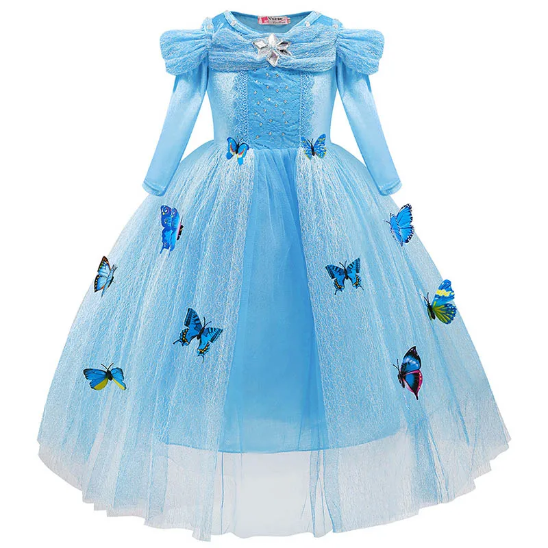 Disney/платье для девочек; платье принцессы Золушки; костюм для Хэллоуина с длинными рукавами; Сетчатое платье