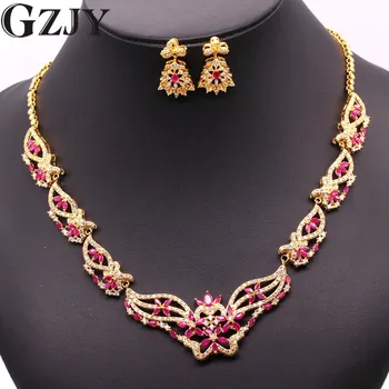 

GZJY Gorgeous Wedding Party Jewelry Set Pure Gold Color Red AAA Zirconia Necklace Earring Set For Women Gift