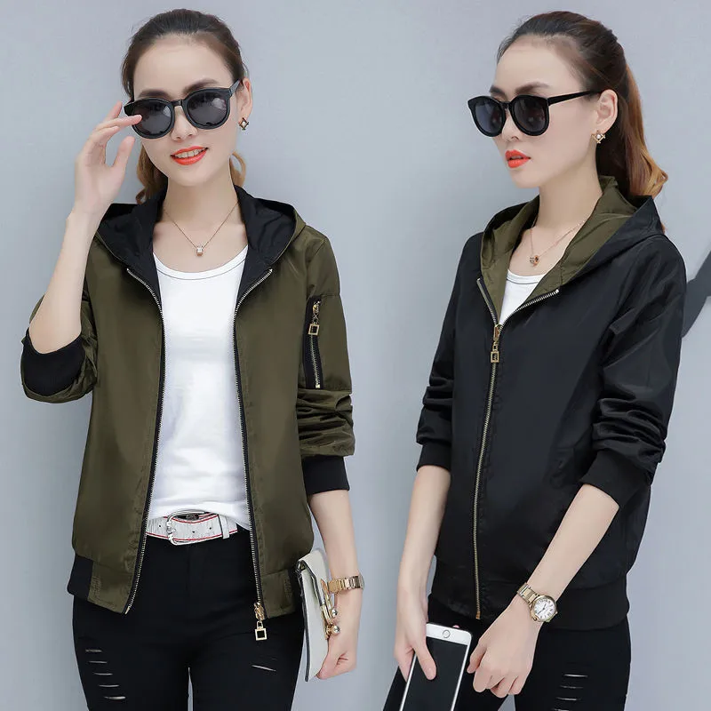 Куртка женская однотонная с капюшоном Повседневная ветровка на молнии легкая