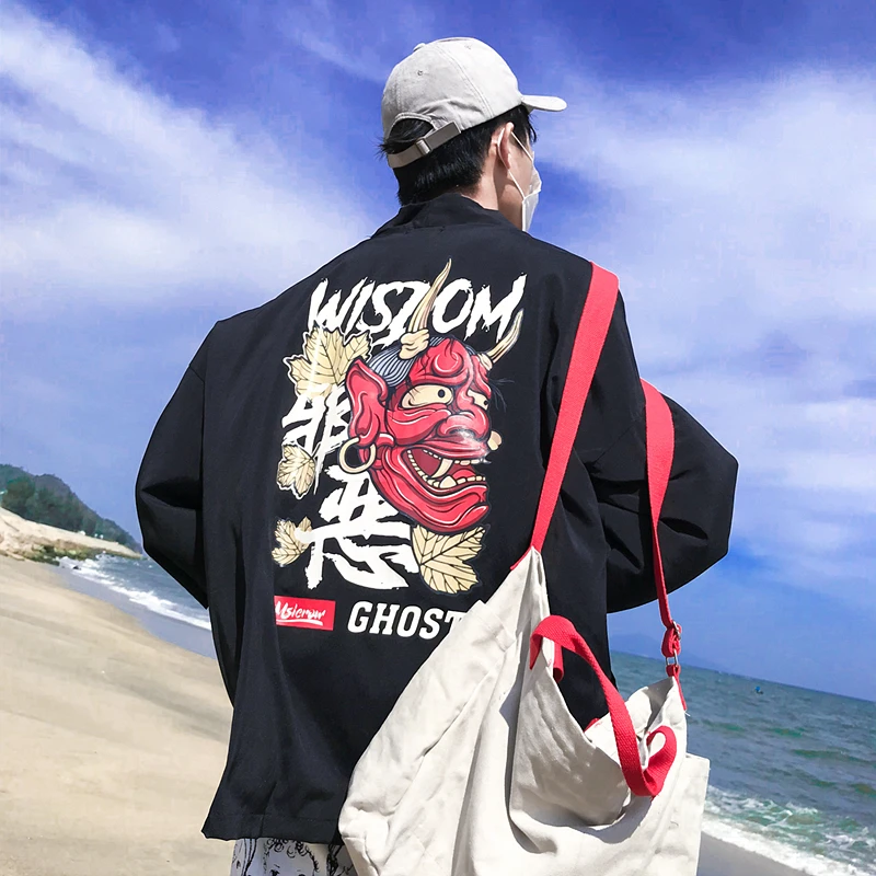 OSCN7 المطبوعة كيمونو سترة قميص الرجال الشارع 2019 كوريا كم الربع الثالث معطف قمصان Harujuku رجل قميص 8836