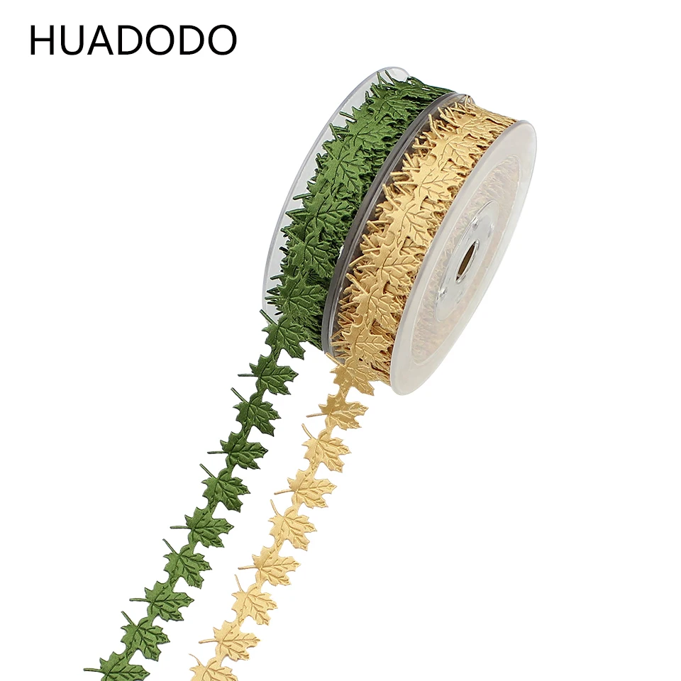 

HUADODO 15Yards 20mm Maple Leaf Satin Ribbons Artificial leavs For Sewing Crafts Accessories wedding DIY Decoration
