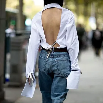 

AEL Open Back Blouse Shirts Tops Women Sexy Backless Long Sleeve Summer Female Shirt White Solid Shirts Metal Ring Belt