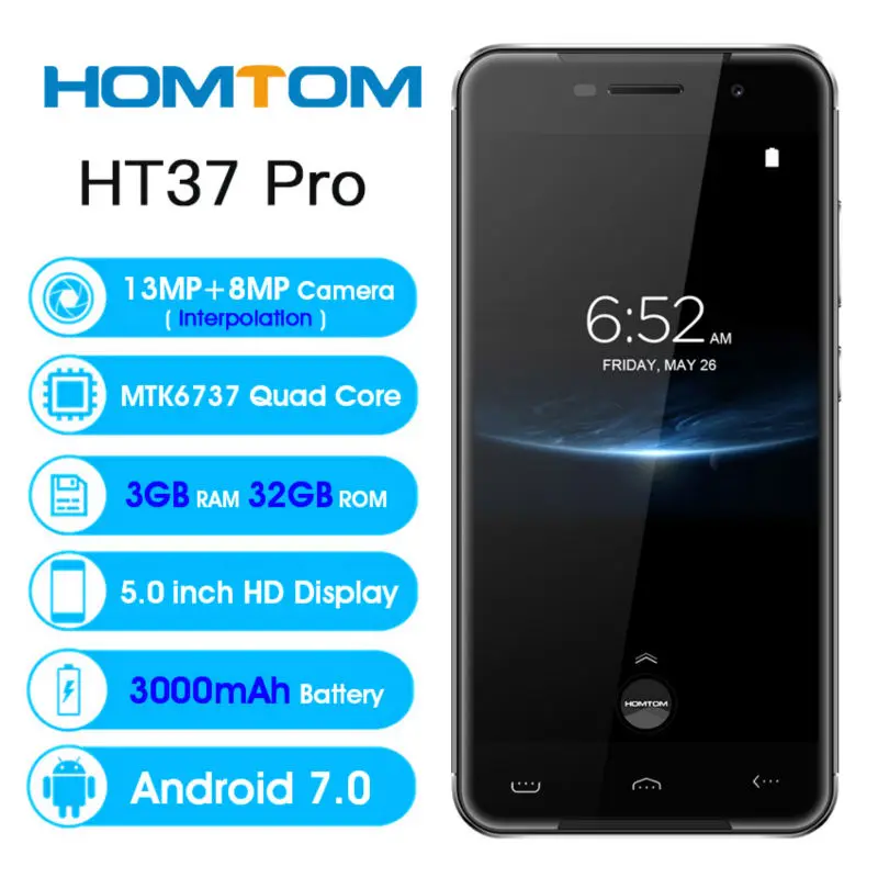 HOMTOM HT37 pro 4G смартфон MTK6737 четырехъядерный 5,0 дюймов Android 7,0 3 ГБ ОЗУ 32 Гб ПЗУ 13 МП 3000 мАч OTG OTA Hotknot мобильный телефон