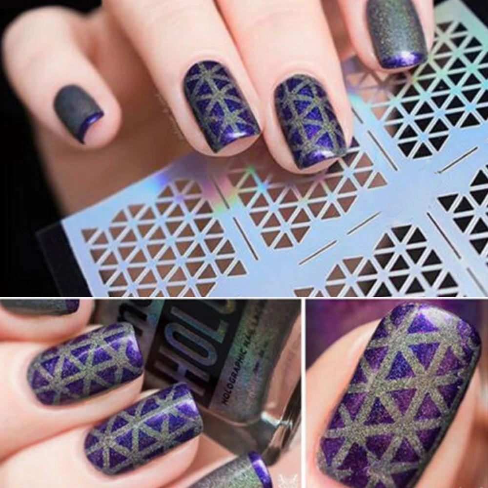 12 подсказок/лист DIY виниловые ногти трафарет 24 стиля лазерного серебряного дизайна ногтей печать наклеек маникюрный шаблон инструмент
