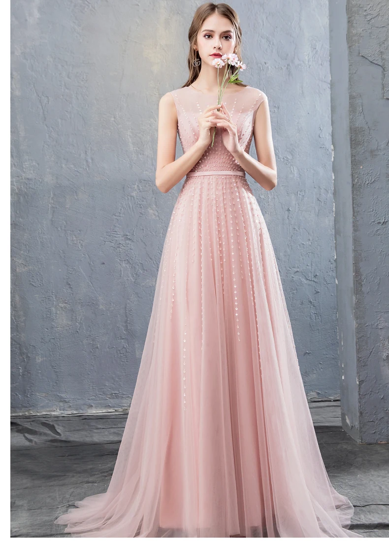 Элегантный Розовый Sheer средства ухода за кожей шеи блесток бисер Vestidos De Festa Фея Тюль кепки рукавом трапециевидной формы Длинные свадебные