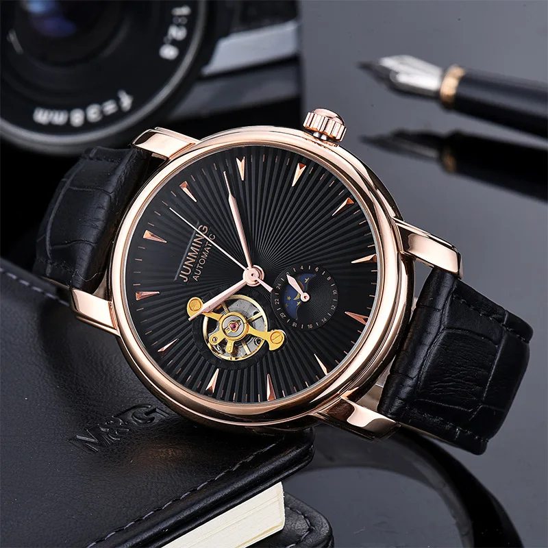 Rose Black Модные мужские часы с белым циферблатом, повседневные коричневые часы с кожаным ремешком, водонепроницаемые, фазный автоматический, механические мужские часы, подарок для мужчин - Цвет: Rose Black