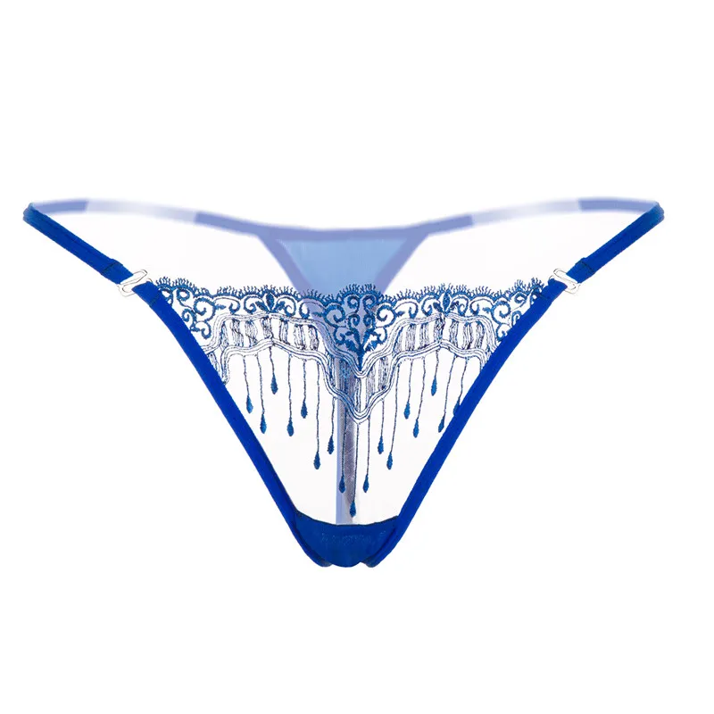 Ixuejie вышивка дизайн прозрачные стринги леди Экстремальные сексуальные женские стринги модные цветочные кружева нижнее белье - Цвет: Синий