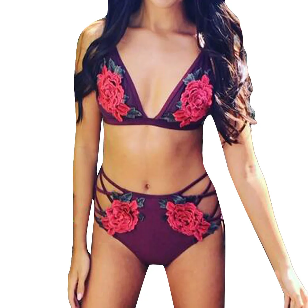 

Summer Women Embroidery Flower Fashion Push-Up Padded Bra Beach High Waist Bikini Set Two Pieces Swimsuit Cross Hollow Swimwear