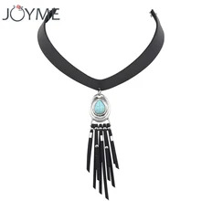 Винтаж кожа татуировки моменты Цепочки и ожерелья s для Для женщин колье воротник себе кисточкой синий камень Цепочки и ожерелья стимпанк