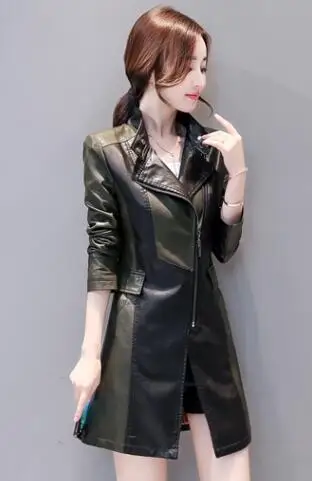 black with green Новинка, дизайнерская Черная мягкая натуральная кожа, цветной блок, для женщин, для девушек, для женщин, натуральная кожа, длинное пальто размера плюс 5XL - Цвет: black with green