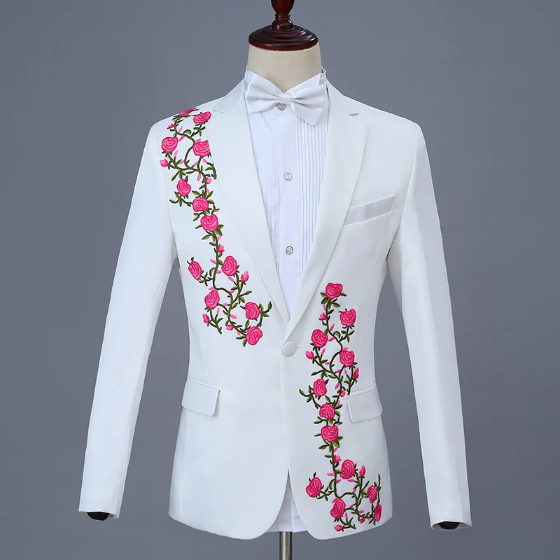 PINK ROSE Plyesxale белый блейзер для мужчин красный розовый узор Мужской блэйзер с цветами куртка Slim Fit хост DJ Выпускной блейзеры для сцены Q581 - Цвет: PINK ROSE