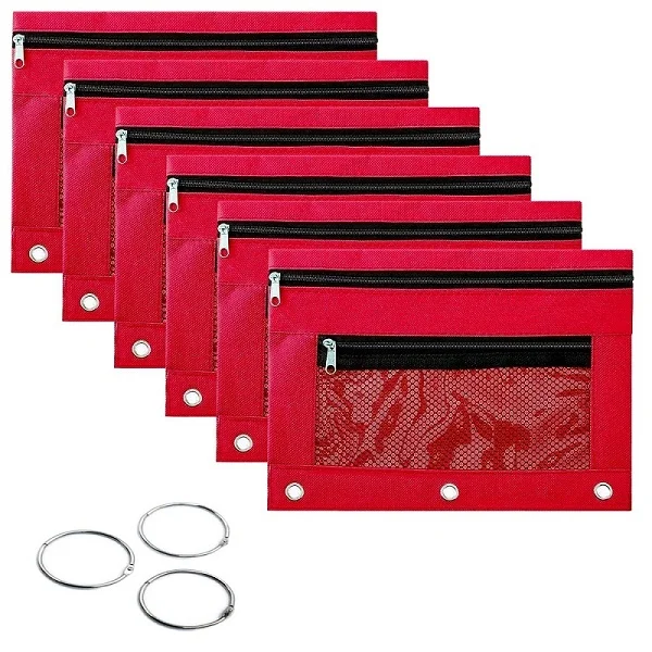 XRHYY набор из 6 мешков для карандашей с застежкой-молнией, 2 кармана, чехол для карандашей с 3 кольцами и двойным карманом и сетчатым окошком - Цвет: Red