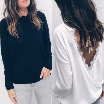 

Loose Blouse Casual Shirt Summer Tops Solid Backless Halter Shirt Lace Tops Women Ladies Long Sleeve
