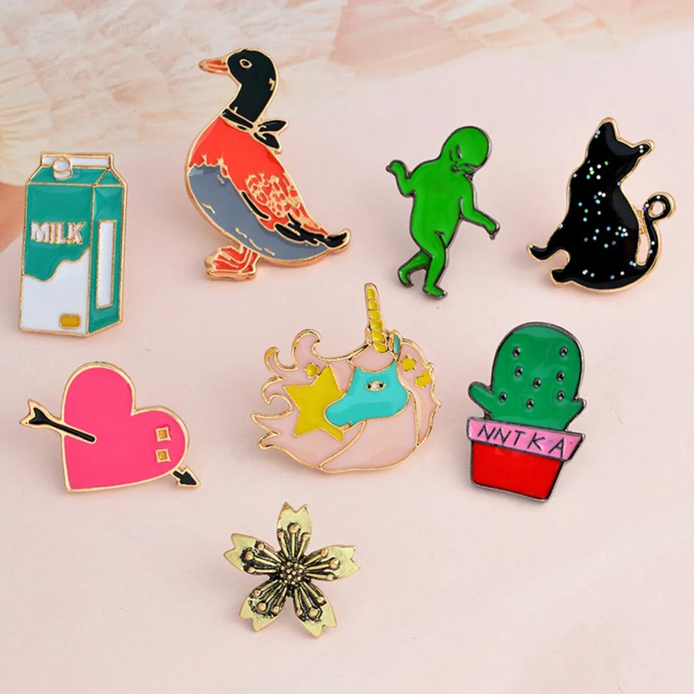 Мультфильм Alien кактус горшечные растения Цветок молоко утка Кошка Броши с