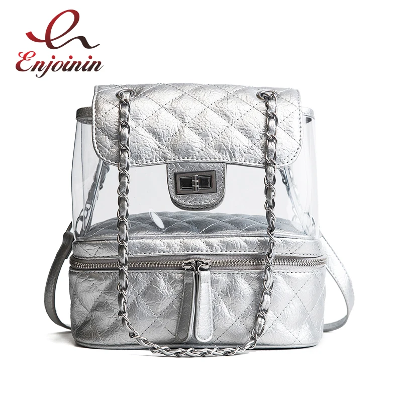 

New Arrival Trend Design Pu Leather Stitching PVC Transparent Lingge Chain Women's Buckle Backpack Travel bag Shoulder Bag