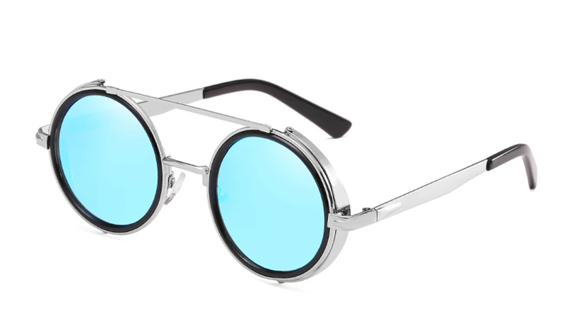 Silver black w blue LEIDISEN, круглые солнцезащитные очки в стиле стимпанк, для мужчин и женщин, фирменный дизайн, модные очки, Ретро стиль, очки Oculos Feminino UV400 - Цвет линз: Silver black w blue