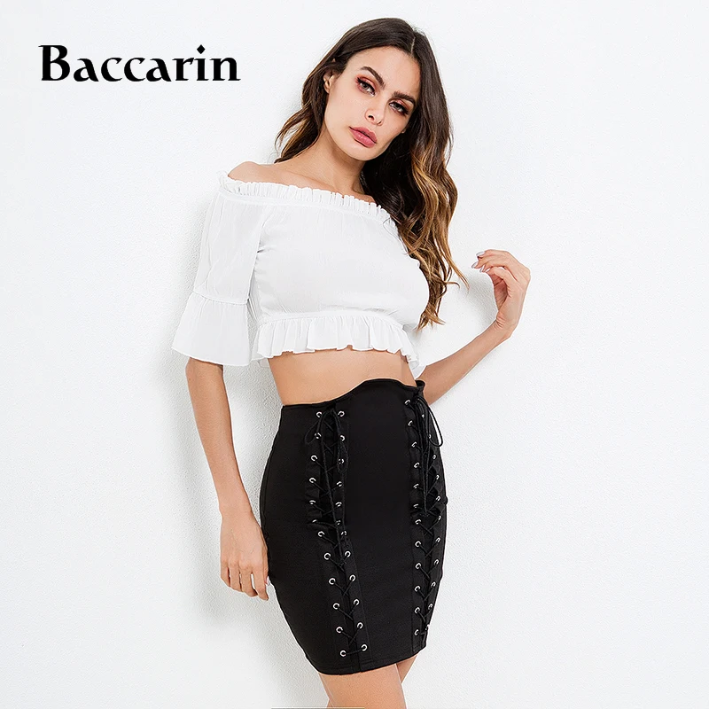 High Street юбка 2018 осень Для женщин бинты Lace-up одноцветное Цвет линия мини-юбка