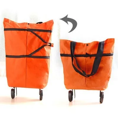 Folding Shopping Bag Women's Portable Buy Vegetables Trolley Bags On Wheels The Market Big Pull Cart Shopping Bags For Organizer - Цвет: Orange