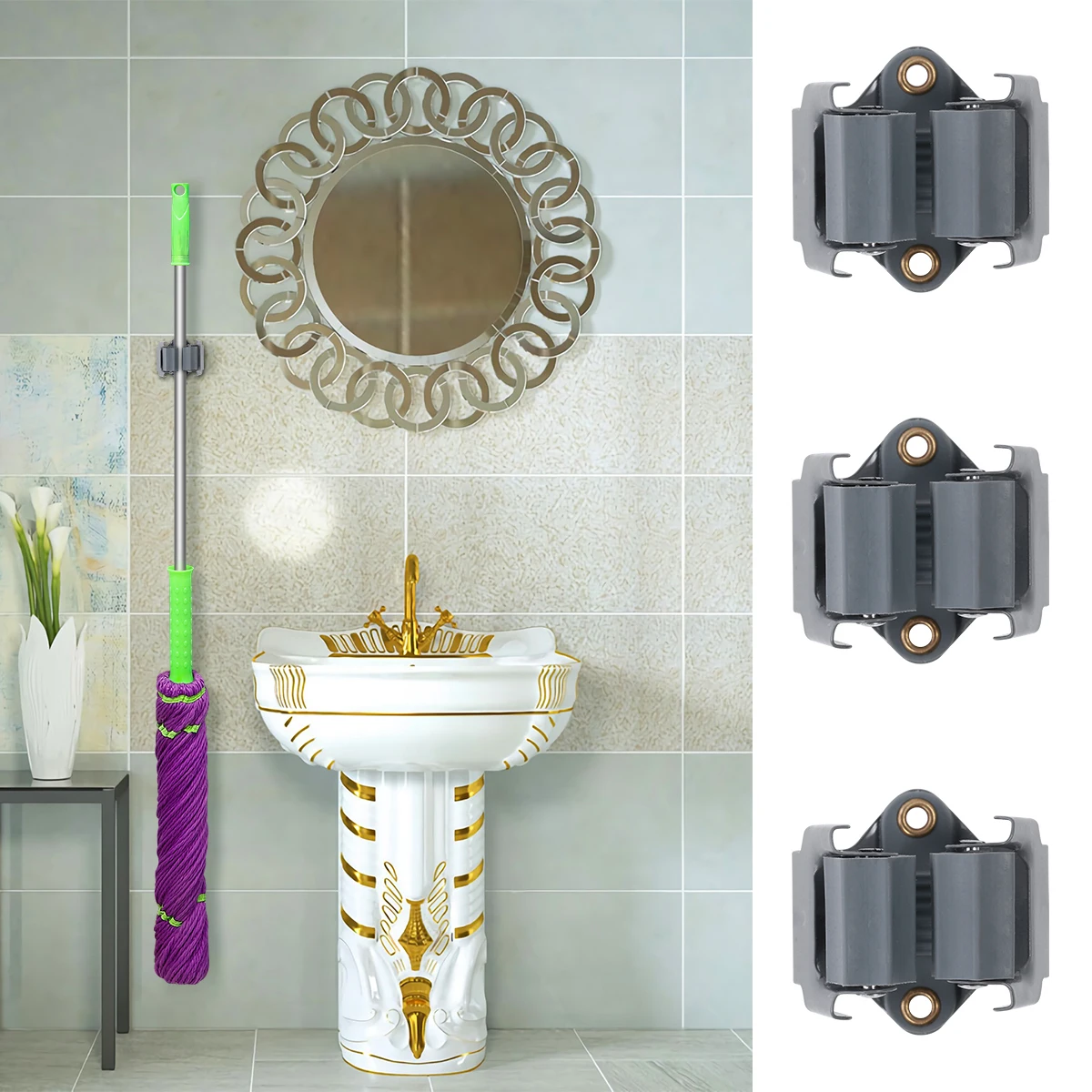 OUNONA 10pcs Mop and Broom Holder Wall Mounted Broom Hanger Mop Organizer Garden Storage Rack for Bathroom Kitchen(Grey