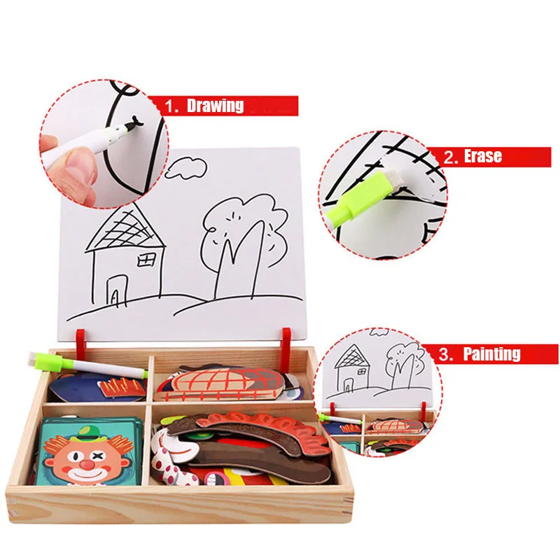 Educativos de Madeira para Crianças Montessori Brinquedos Placa Crianças Juguetes 2 In1 3d Puzzles Face & Prancheta Magnética Ímã 5 In1 3D Puzzles Face & Prancheta Magnética