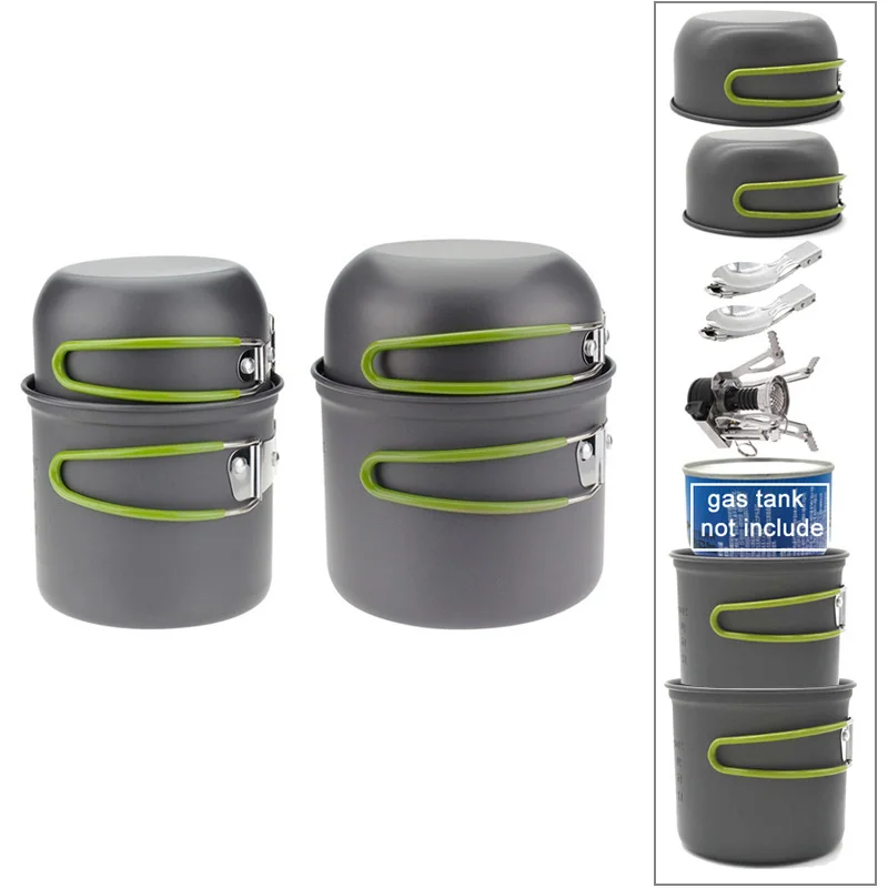 

Portable Outdoor Camping 2 Person Cookware Set Pot Bowl Spoon and Gas Stove Picnic Hiking Cooker