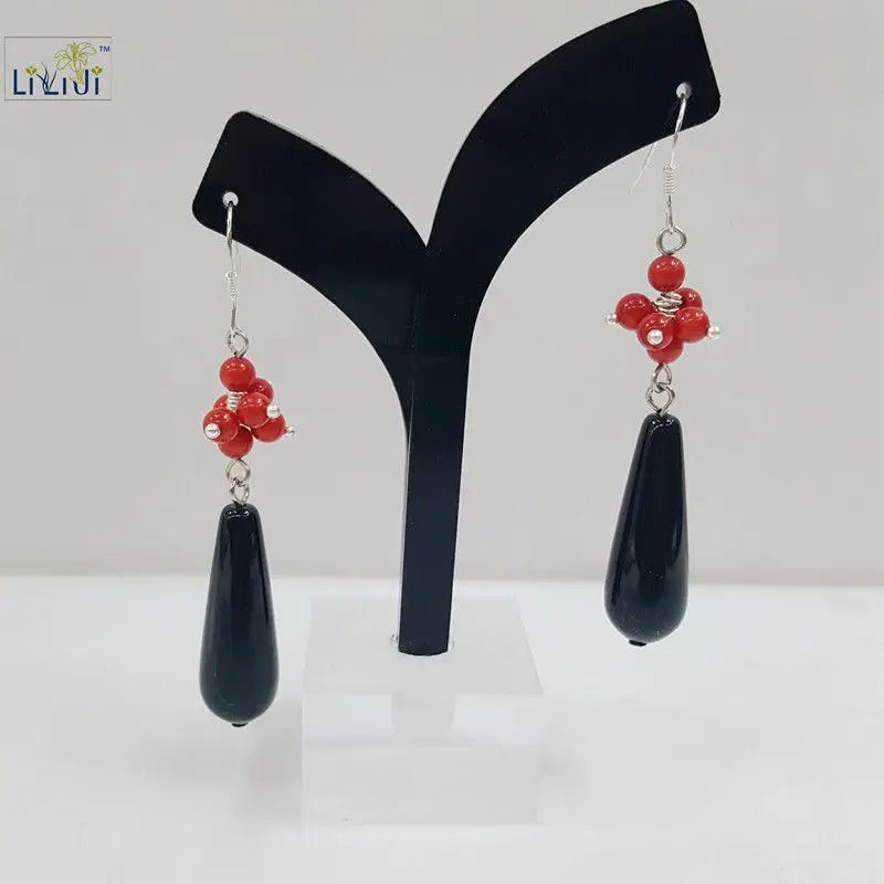 

LiiJi Unique Natural Onyx Black Agates TearDrop Shape&Dye Color Red Coral Dangle Earring