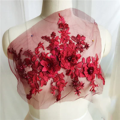 wine red Новые 3D цветы нашивки для одежды вышитая бисером кружевная ткань аппликация свадебное платье Декор Цветочная нашивка на костюм - Цвет: wine red