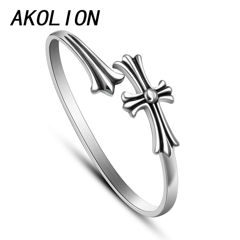 AKOLION cross bangles &amp bracelets for women and men jewelry pulseiras para as mulheres pulsera feminina masculina mujer silver |