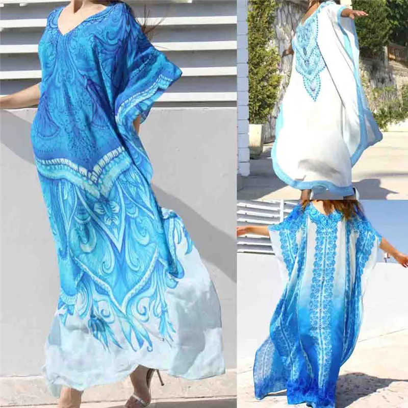 hirigin new Womens printed Cover Up Long bohemian blouses female fashion long tops ladies casual v-neck Beach style shirts | Женская
