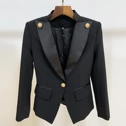 HIGH STREET New 2021 Designer Stylish Blazer Women's Single Button Lion Button Embellished Satin Collar Blazer Jacket HIGH STREET New 2021 Designer Stylish Blazer Women's Single Button Lion Button Embellished Satin Collar Blazer Jacket