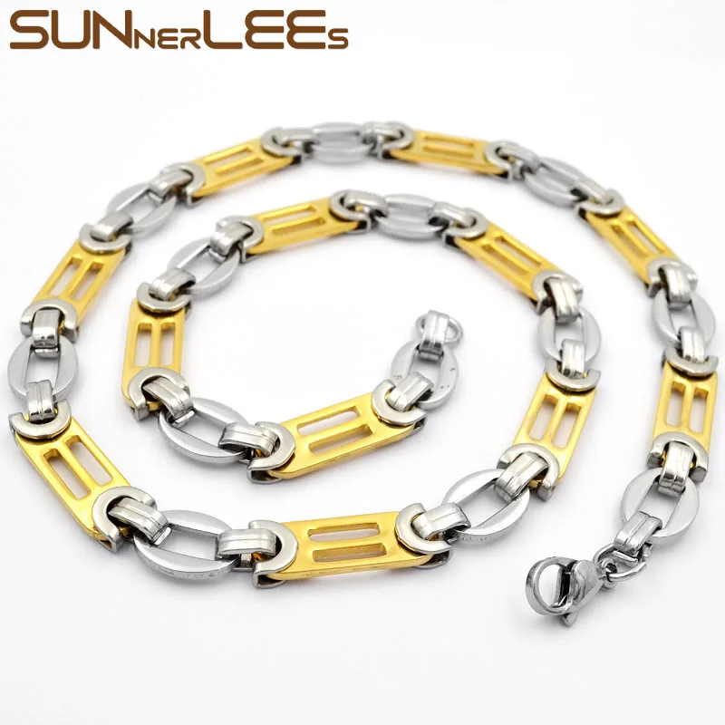 Sunnerlees Модные украшения Нержавеющая сталь Цепочки и ожерелья 10 мм геометрические Серебряная цепочка из звеньев Золотой Цвет для Для мужчин Для женщин подарок SC108 N