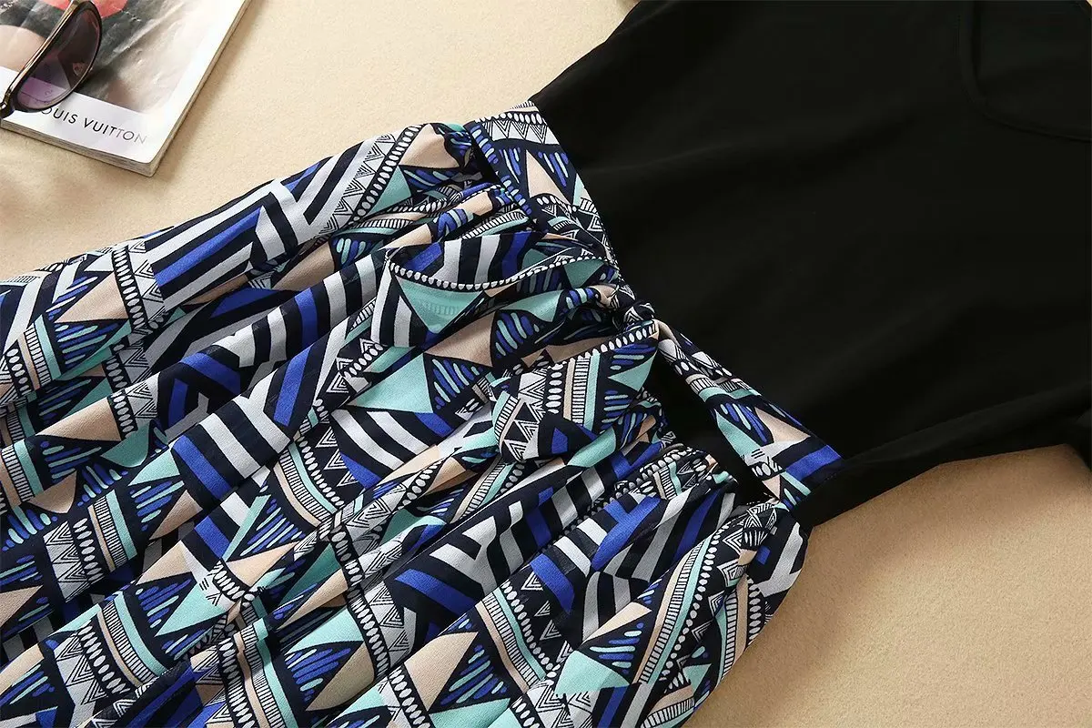 Summer Vintage Chiffon Knee-Length Dress Patch Work Geometric Print Dresses Elegant Women Short Sleeve Slim Dress L0157