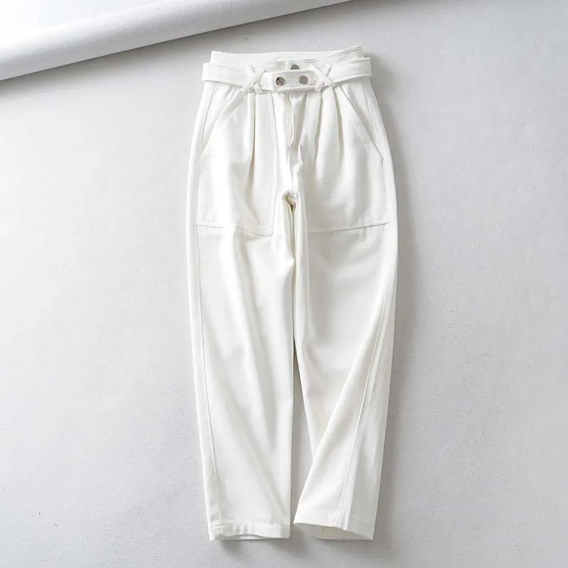 Новые поступления повседневные штаны для Для женщин 2019 Демисезонный Высокая Талия Длинные женские белые шаровары карманы Женские брюки B325
