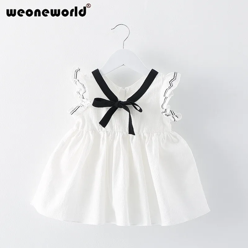 Weoneworld/ хлопок милый ребенок Летнее платье для девочек платье принцессы без рукавов с бантом Однотонная Одежда Мягкий Материал повседневные платья - Цвет: White