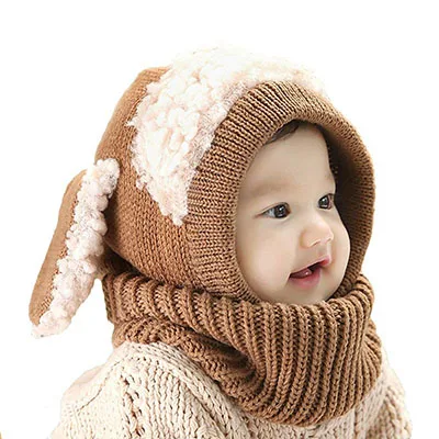 Toddler Baby Kids Winter Scarf Hats, Crochet Warm Caps Scarf Set Knitted Bonnet Enfant Cartton Cute Scarves for Girls and Boys - Цвет: brown