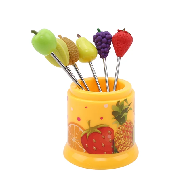 Yellow Мультфильм нержавеющая сталь салат фруктовый торт десерт закуски выбрать столовые приборы вечерние вилки бытовой инструмент кухонные инструменты - Цвет: Yellow