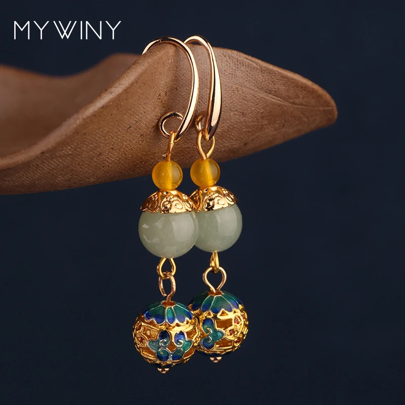MYWINY новые модные ювелирные изделия медный шар ювелирные изделия серьги из перегородчатой эмали женщины, китайский ветер природа камни серьги из авантюрина желтый