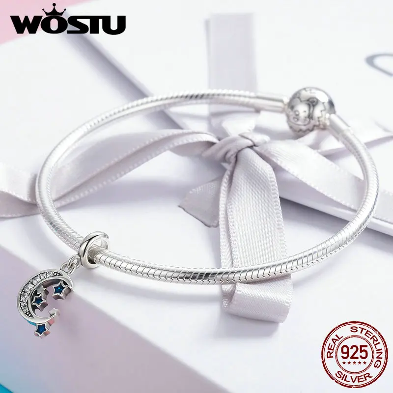 WOSTU, 925 пробы, серебряный, звездное небо, луна и звезды, болтаются, подходит для браслета из бисера, кулон, ожерелье, сделай сам, ювелирное изделие, подарок CQC639