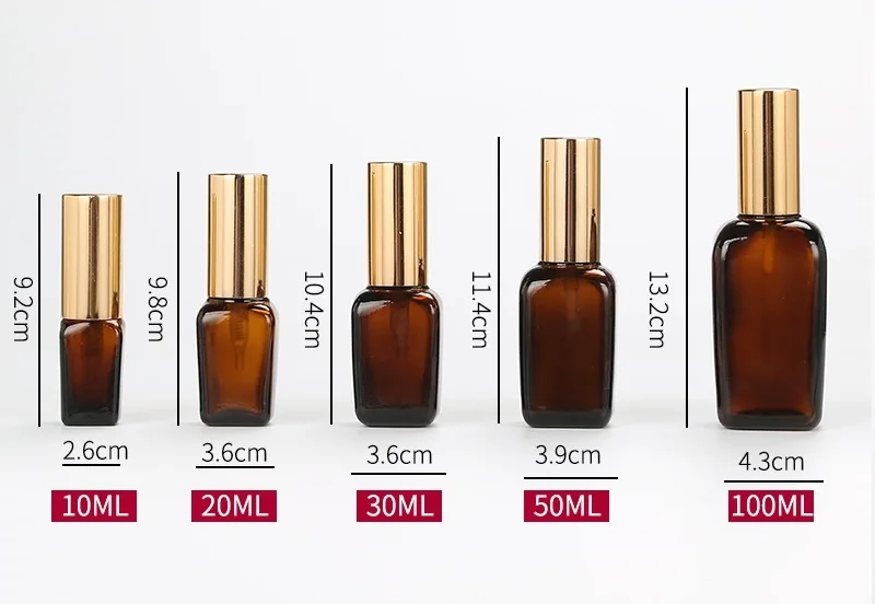 Essential Oil Bottles Square Amber Bottle Gold Cap Spray lotion Pump 10ml 30ML 50ML 100ML size