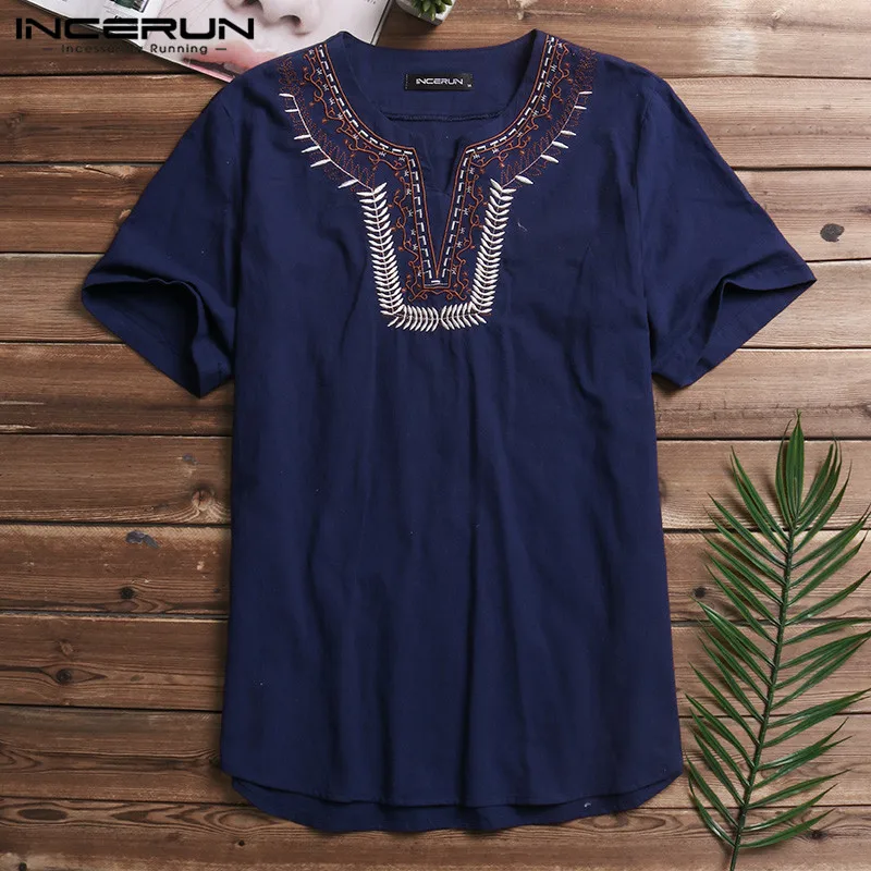 Prix INCERUN hommes chemises à manches courtes coton col en v Chic broderie t shirt décontracté couleur Pure quotidien sauvage basique littéraire t shirt Masculina